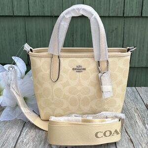 Coach City Mini Tote Bag In Signature Canvas Silver Hay Crossbody Purse